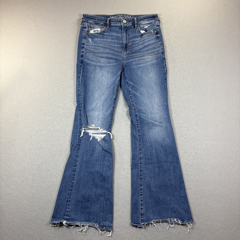 American Eagle Jeans Womens 8 Blue Super Hi Rise Flare Stretch Denim Distressed